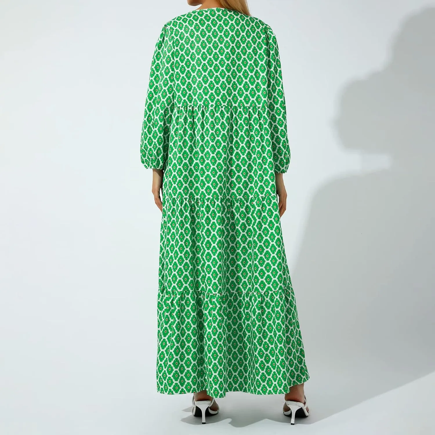 Women's Floral Puff Sleeve Maxi Dress Summer Bohemian V Neck Tiered Long Dress Casual Loose Swing Beach Sundress