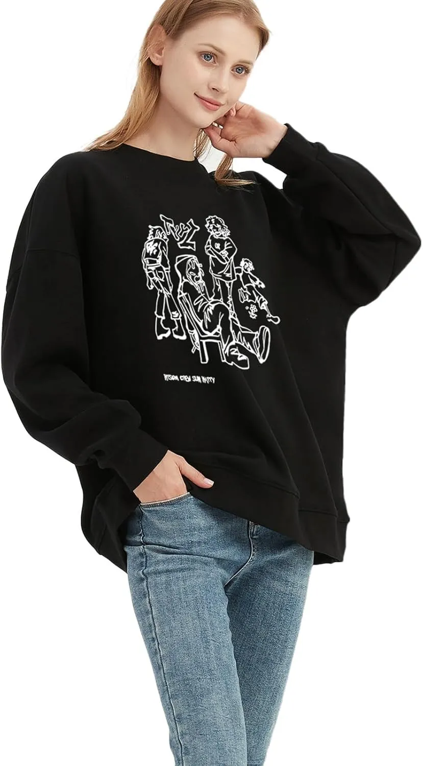 Womens Oversized Graphic Sweatshirts Hoodies Long Sleeve Crew Neck Pullover Sweaters Casual Comfy Fall Fashion Outfits