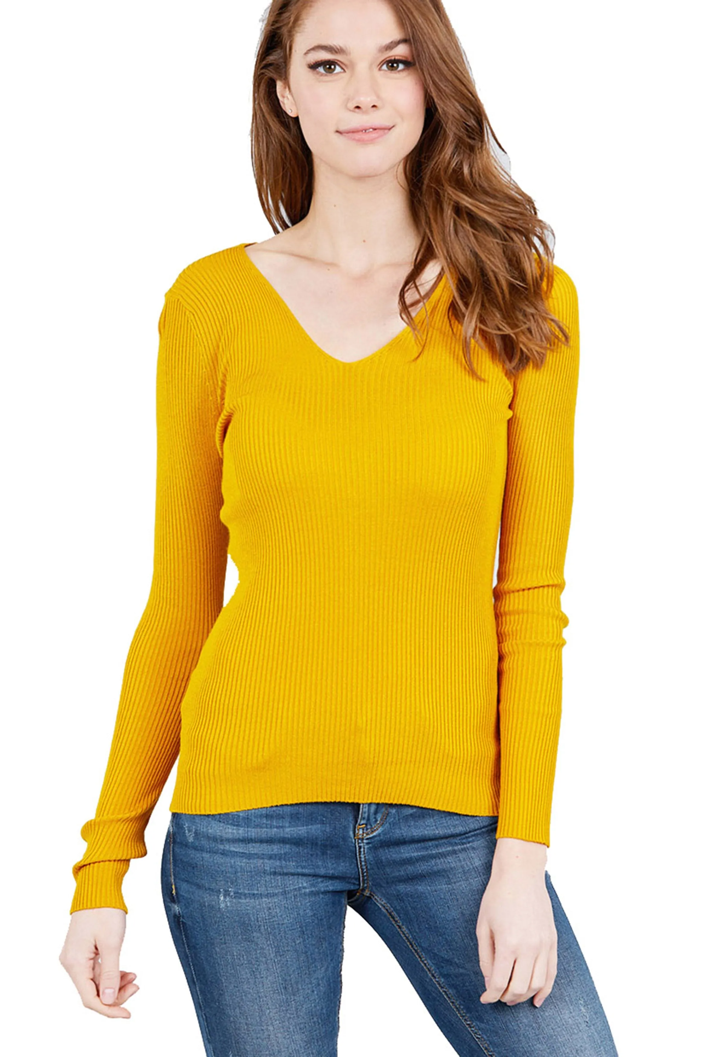 Women's Plus Size Fitted V Neck Ribbed Knit Lightweight Sweater Top