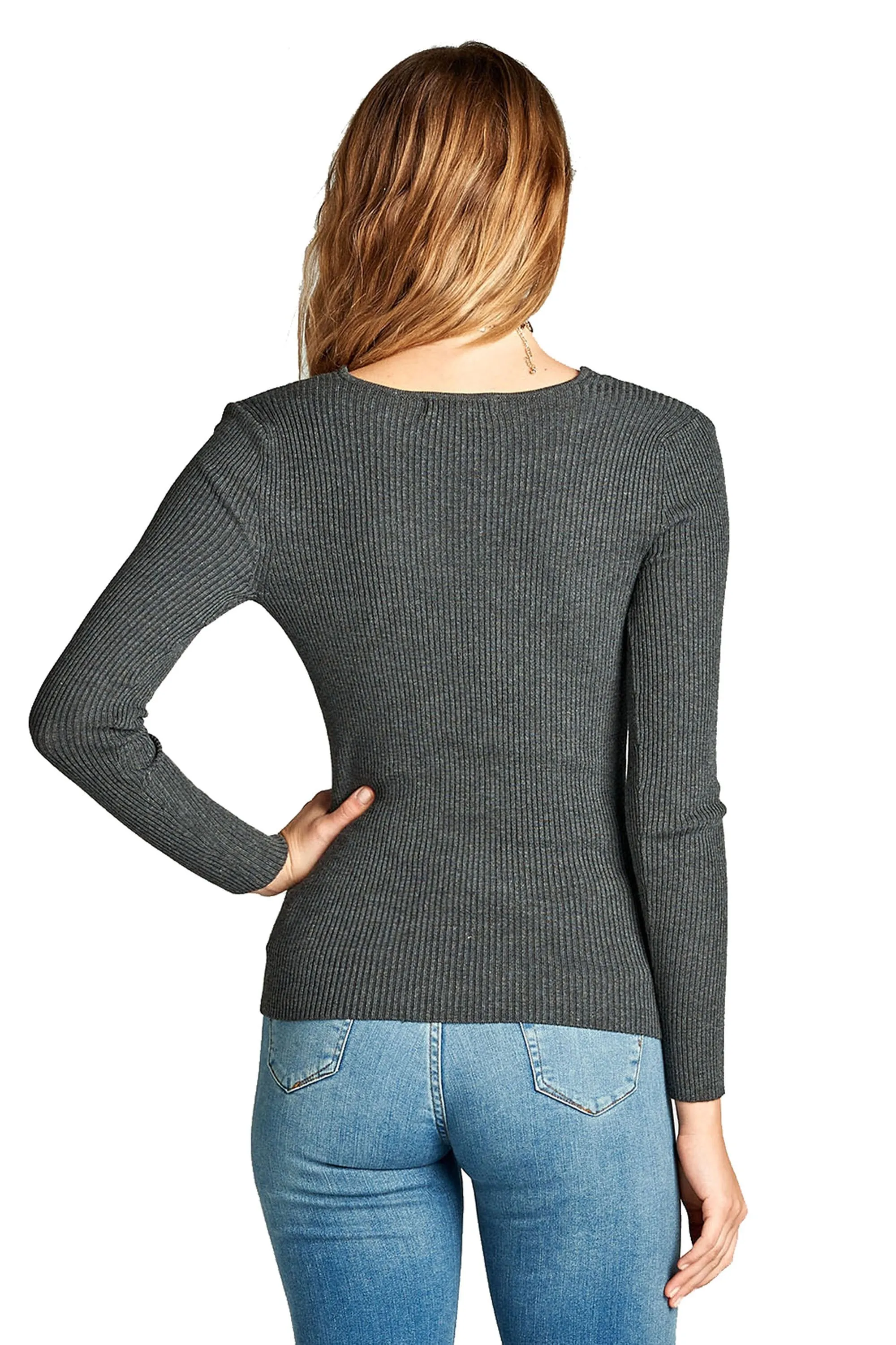 Women's Plus Size Fitted V Neck Ribbed Knit Lightweight Sweater Top