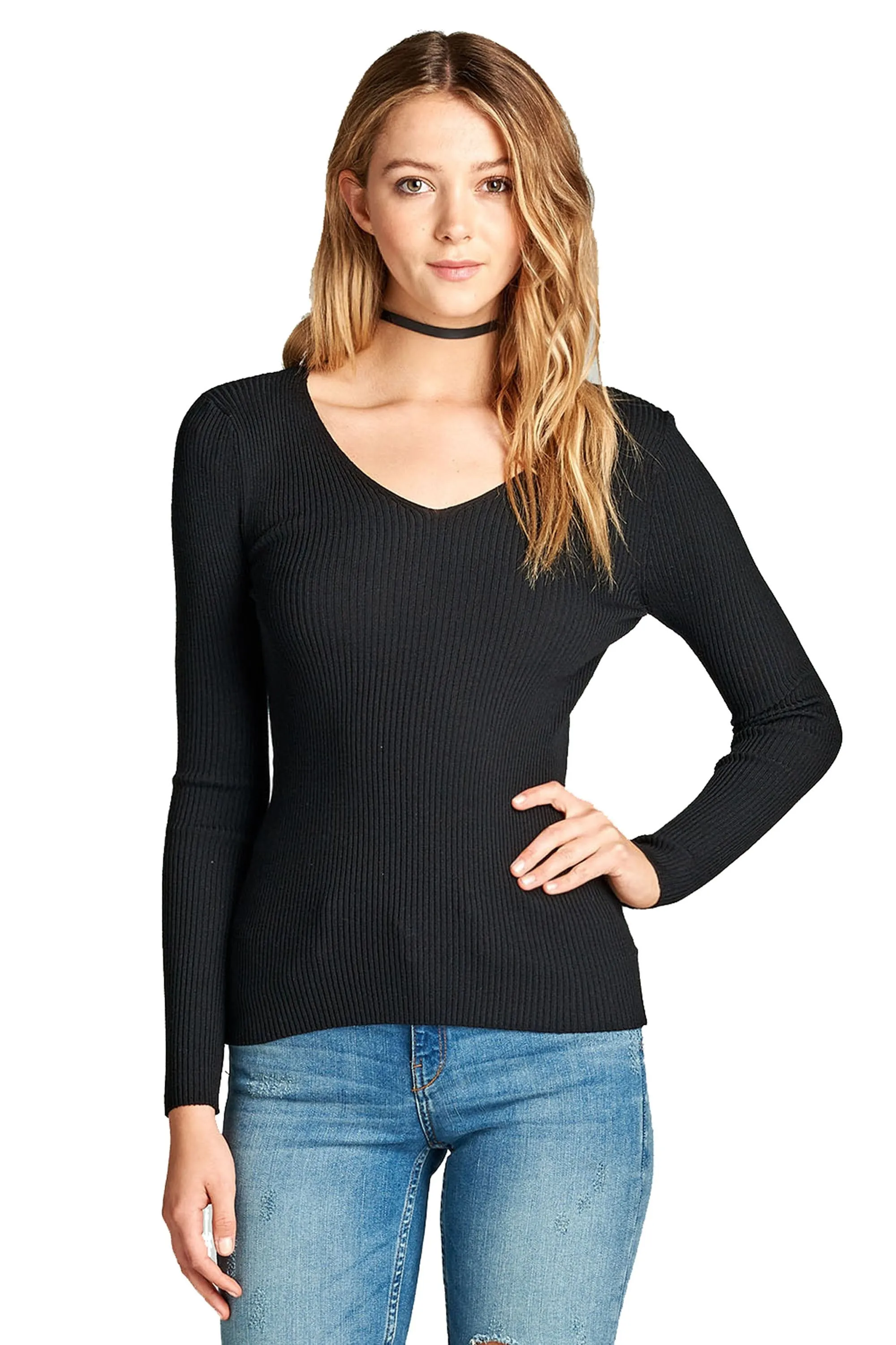 Women's Plus Size Fitted V Neck Ribbed Knit Lightweight Sweater Top
