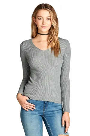 Women's Plus Size Fitted V Neck Ribbed Knit Lightweight Sweater Top