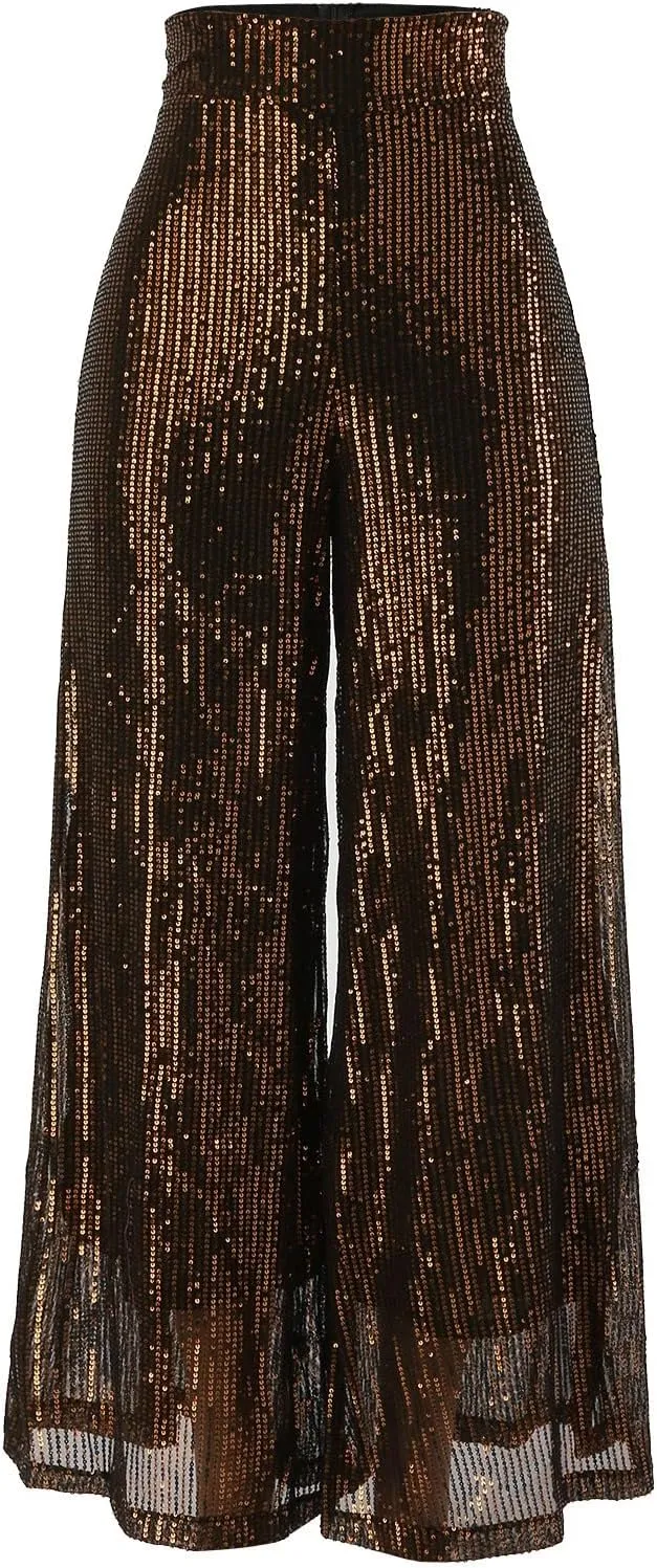 Women's Sequin Pants for Party Night 2024 Shiny Pleated Wide Leg Pants Party Nightout Elastic Waist Trousers Clubwear