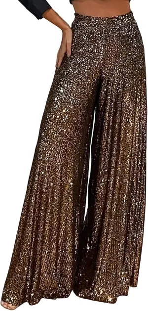 Women's Sequin Pants for Party Night 2024 Shiny Pleated Wide Leg Pants Party Nightout Elastic Waist Trousers Clubwear