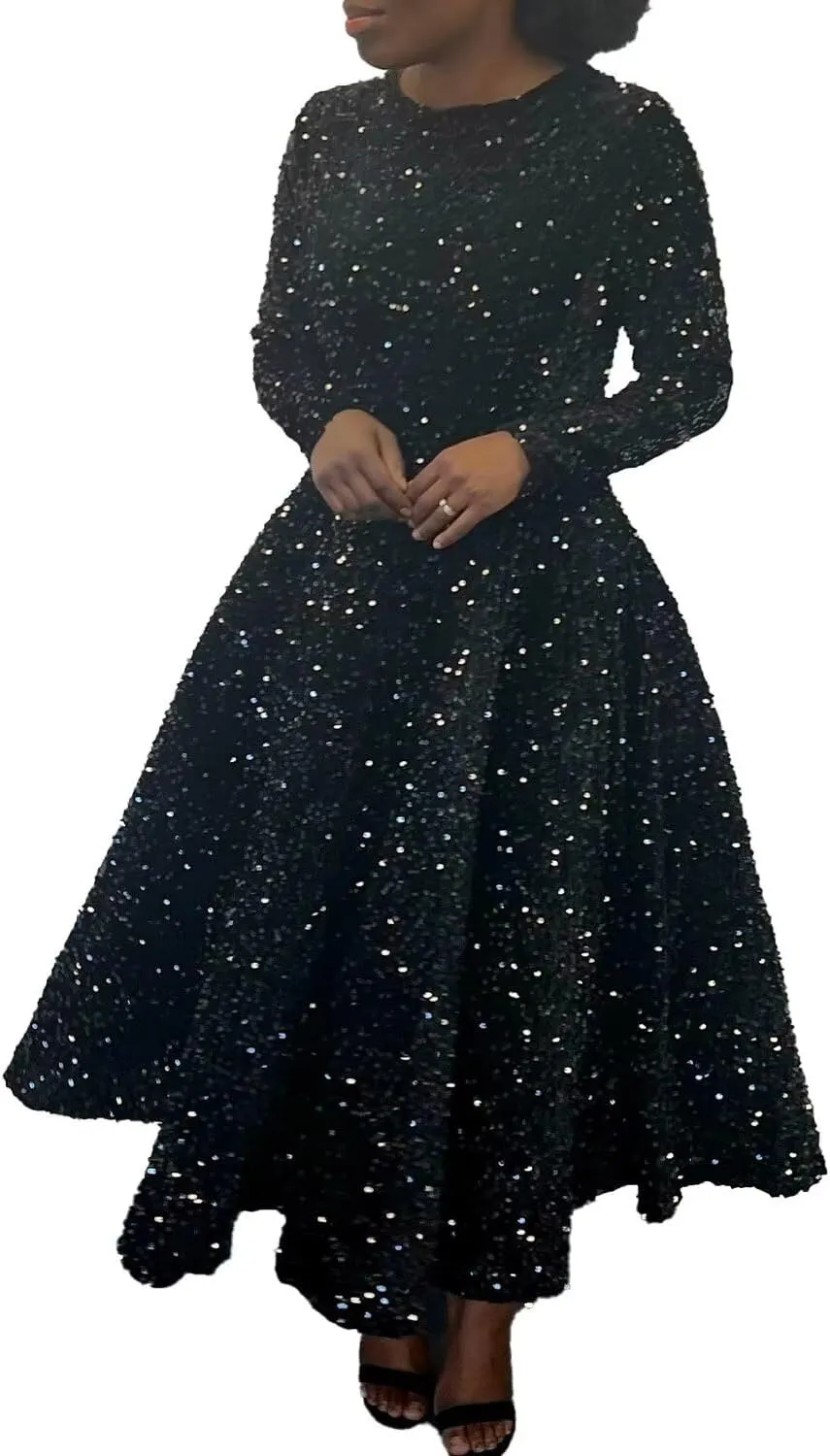 Women's Sequin Plus Size Midi Dress Long Sleeve Scoop Neck Pleated A Line Cocktail Party Dresses