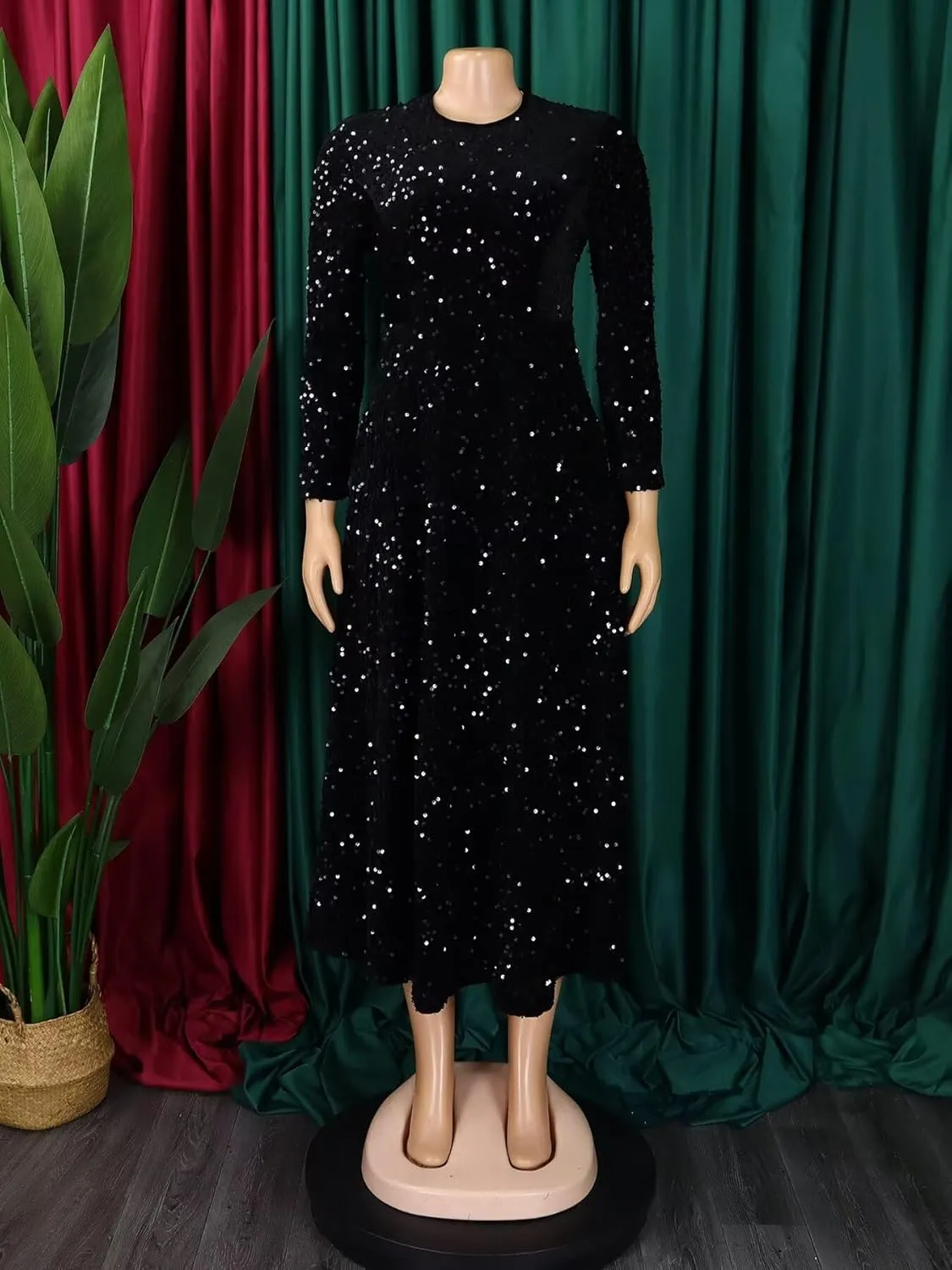 Women's Sequin Plus Size Midi Dress Long Sleeve Scoop Neck Pleated A Line Cocktail Party Dresses