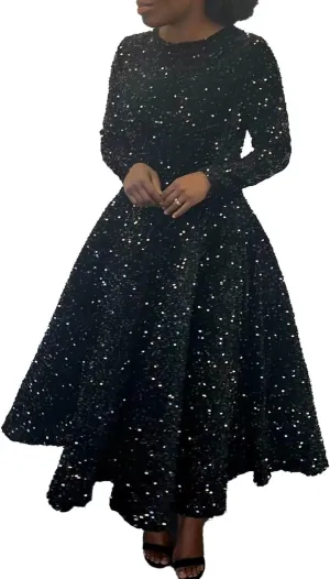Women's Sequin Plus Size Midi Dress Long Sleeve Scoop Neck Pleated A Line Cocktail Party Dresses