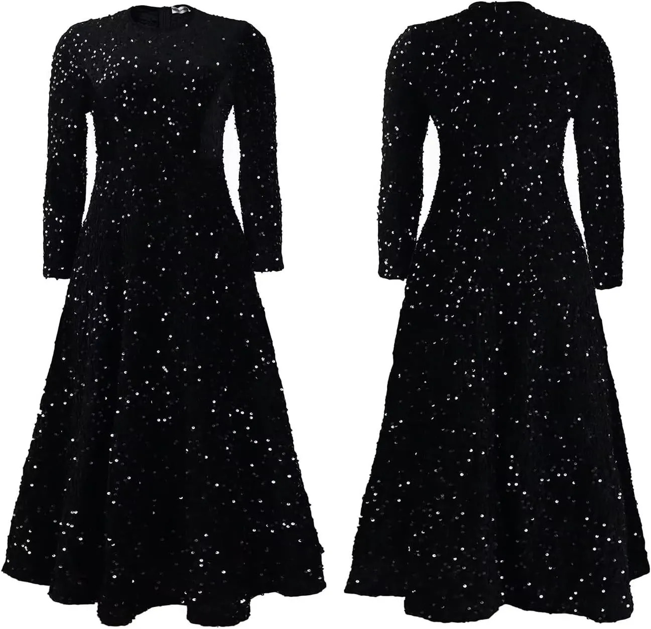 Women's Sequin Plus Size Midi Dress Long Sleeve Scoop Neck Pleated A Line Cocktail Party Dresses