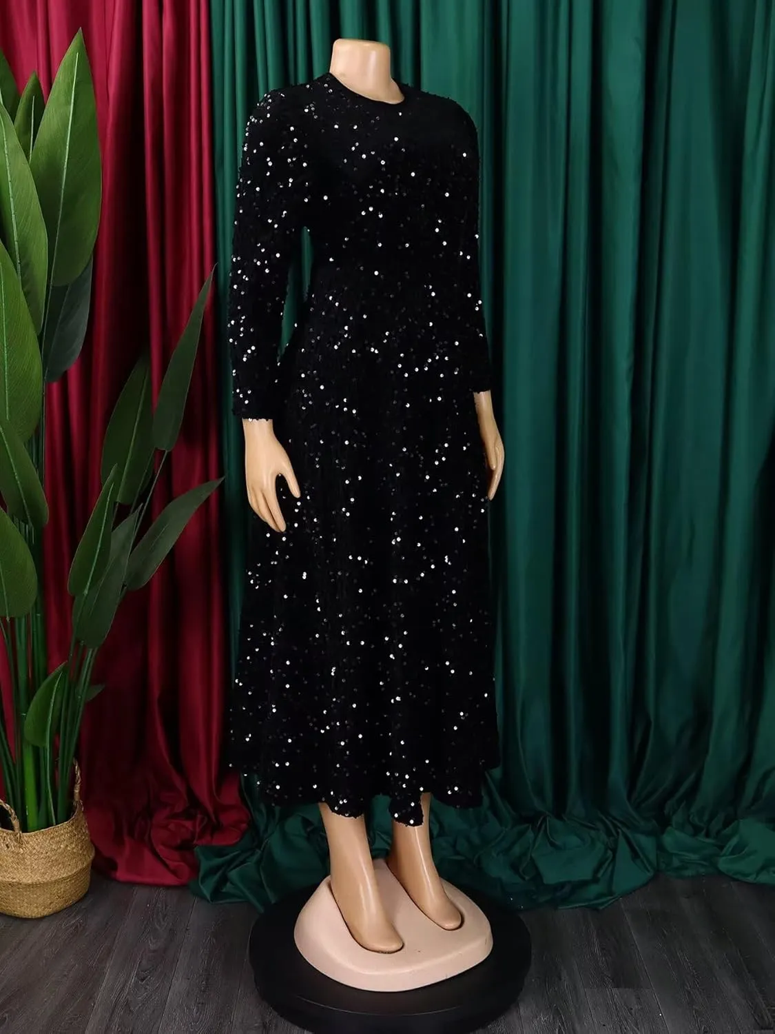 Women's Sequin Plus Size Midi Dress Long Sleeve Scoop Neck Pleated A Line Cocktail Party Dresses