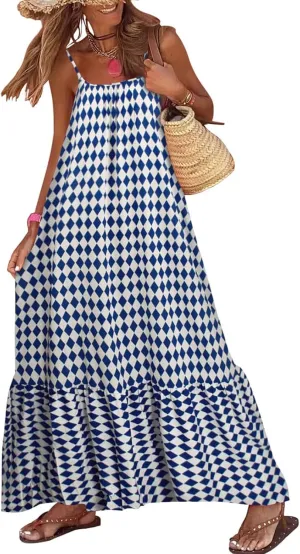 Womens Summer Bohemian Pattern Spaghetti Straps Sleeveless Casual Maxi Long Dresses Y2k Beach Sundress Streetwear