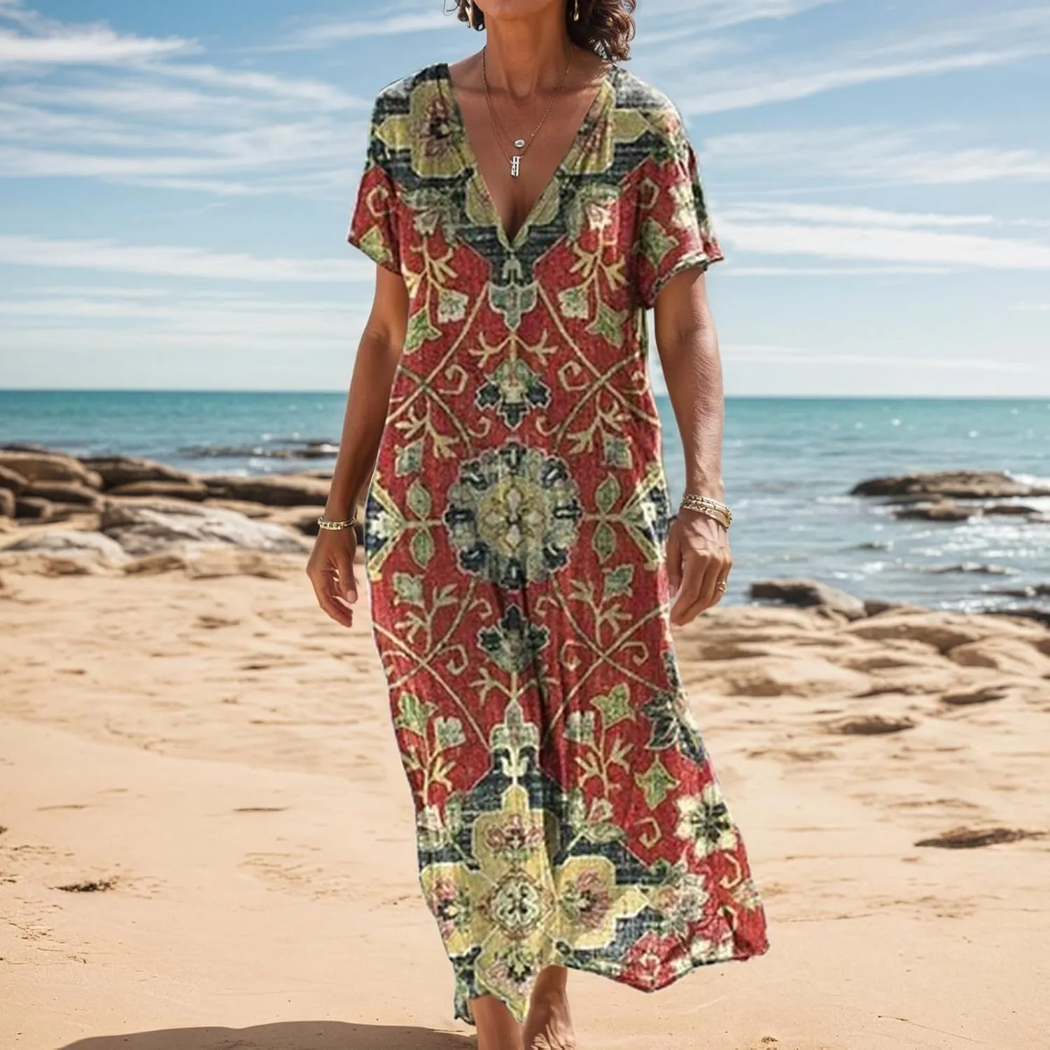 Women's Summer Boho Floral V-Neck Short Sleeve Maxi Dress Casual Loose Slit Hem Beach Vacation Tshirt Dress