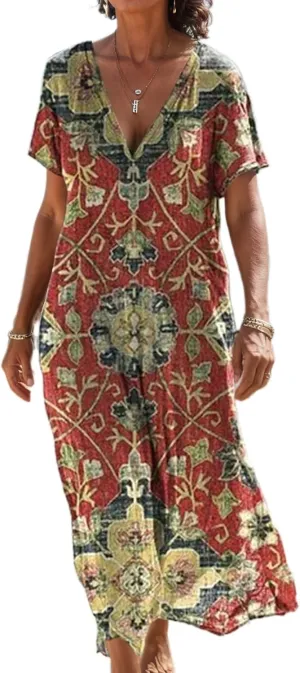 Women's Summer Boho Floral V-Neck Short Sleeve Maxi Dress Casual Loose Slit Hem Beach Vacation Tshirt Dress