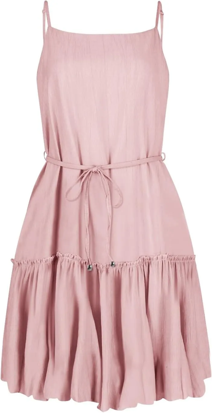 Women's Summer Casual Sleeveless Mini Dress 2025 Spaghetti Strap Waist Tie Boho Beach Vacation Short Sundress