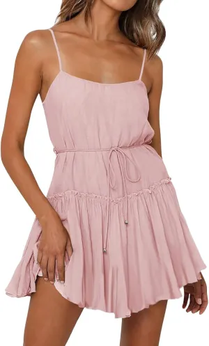 Women's Summer Casual Sleeveless Mini Dress 2025 Spaghetti Strap Waist Tie Boho Beach Vacation Short Sundress