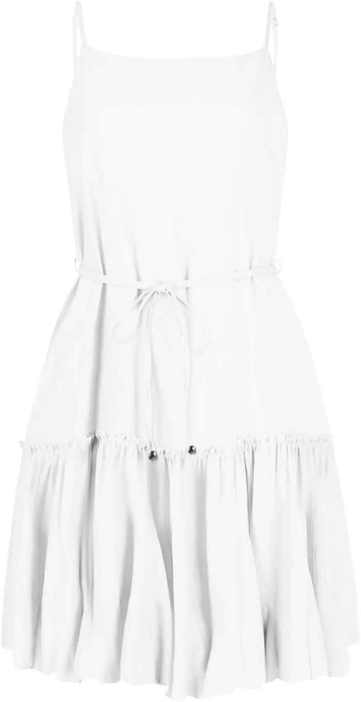 Women's Summer Casual Sleeveless Mini Dress 2025 Spaghetti Strap Waist Tie Boho Beach Vacation Short Sundress