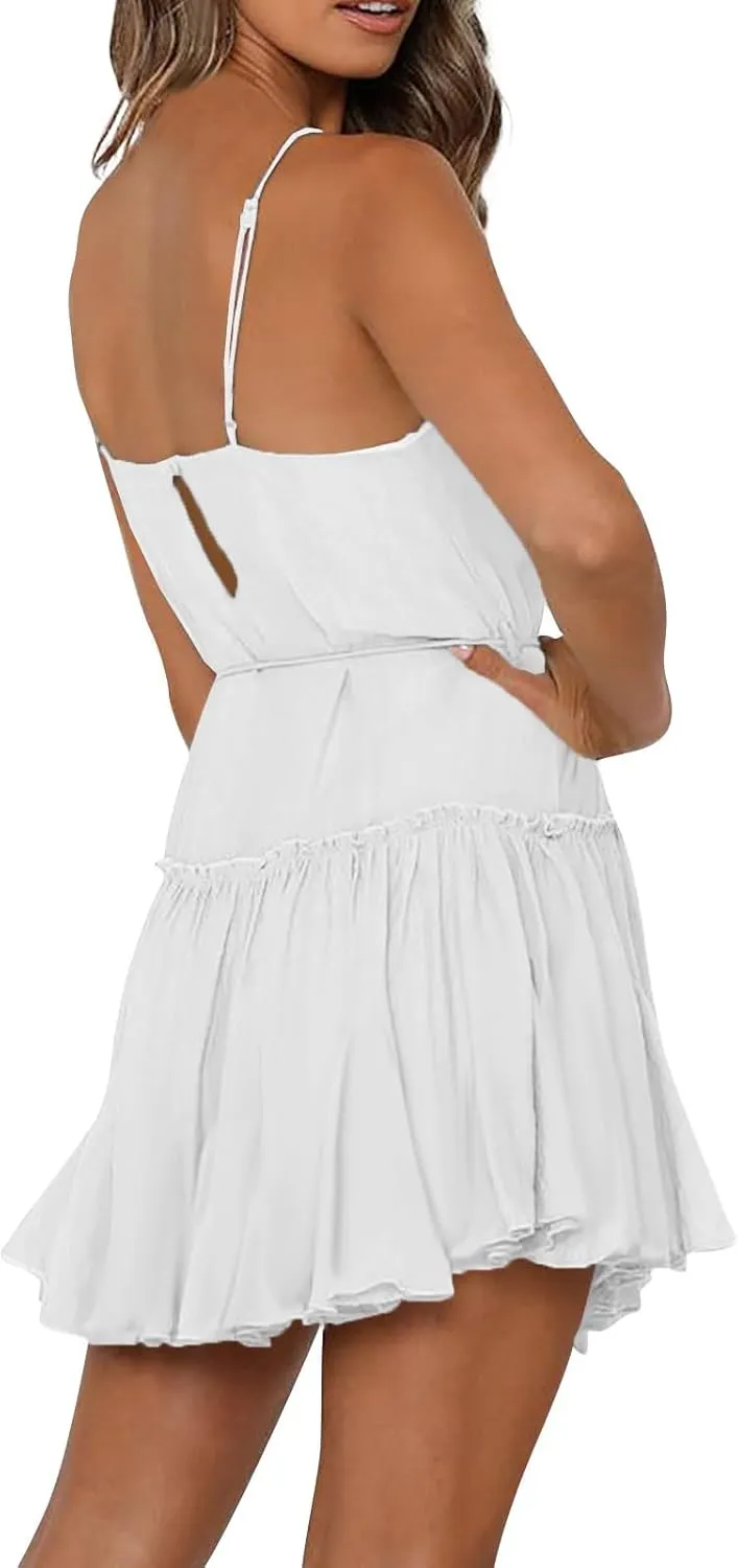 Women's Summer Casual Sleeveless Mini Dress 2025 Spaghetti Strap Waist Tie Boho Beach Vacation Short Sundress