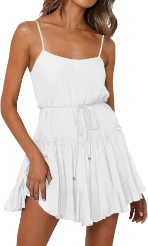 Women's Summer Casual Sleeveless Mini Dress 2025 Spaghetti Strap Waist Tie Boho Beach Vacation Short Sundress