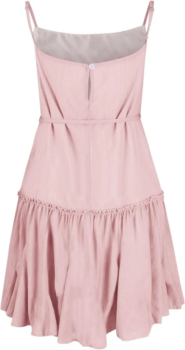 Women's Summer Casual Sleeveless Mini Dress 2025 Spaghetti Strap Waist Tie Boho Beach Vacation Short Sundress