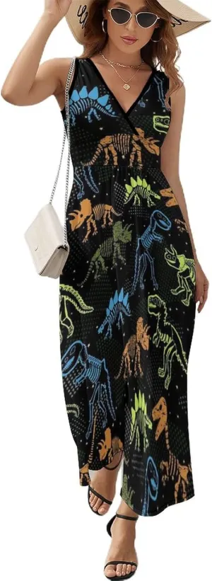 Women's Summer V Neck Sleeveless Bird Maxi Sundress Casual Flowy Beach Tank Dress