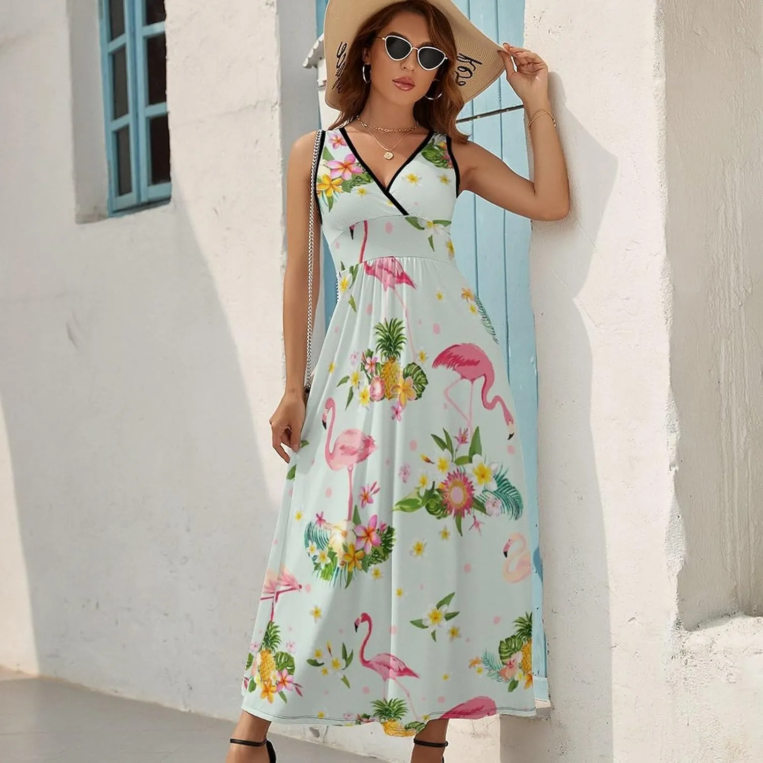 Women's Summer V Neck Sleeveless Flower Maxi Sundress Casual Flowy Beach Tank Dress