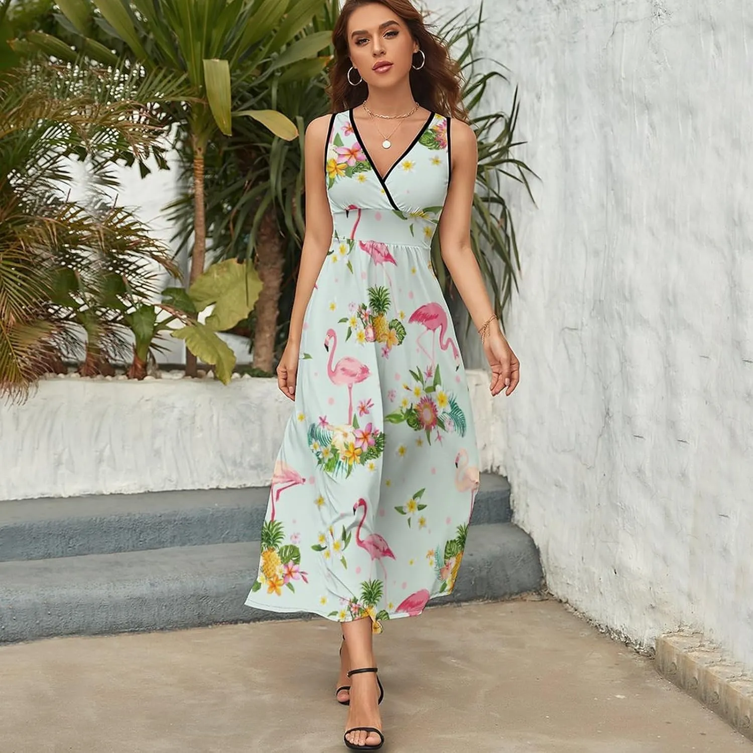Women's Summer V Neck Sleeveless Flower Maxi Sundress Casual Flowy Beach Tank Dress