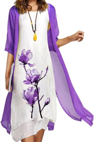 Womens Two Piece Set Floral Print Wedding Guest Dress with Cardigan Chiffon Loose Casual Sleeveless Plus Size Dresses