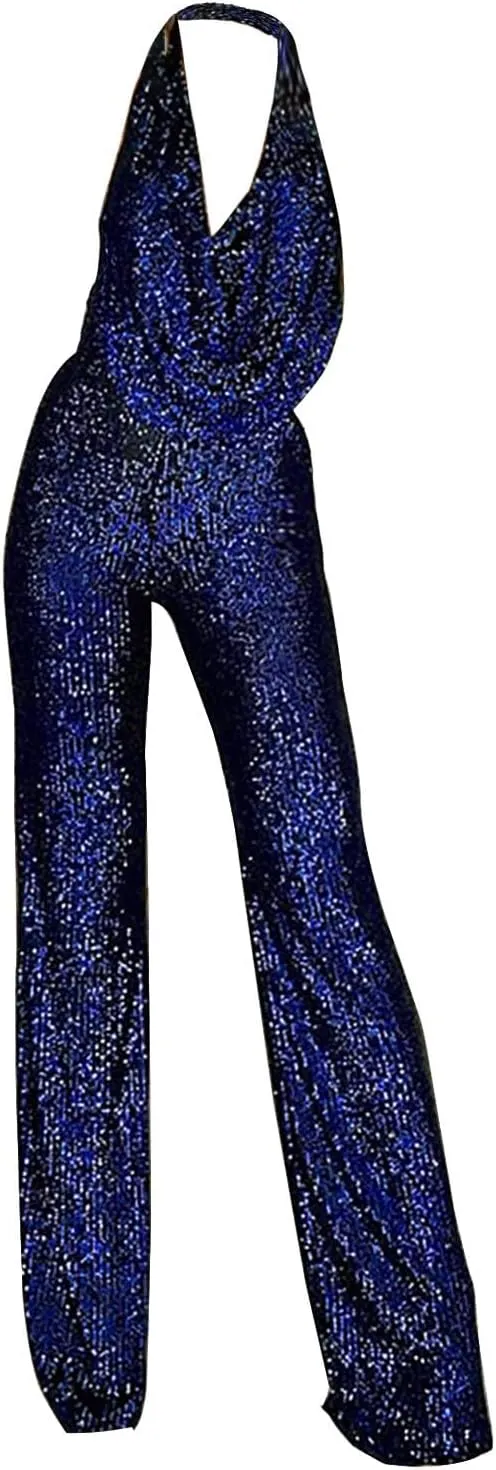Womens V Neck Sequin Jumpsuit Trendy Evening Party Sleeveless Halter Sparkly Rompers Wedding Glitter Casual Jumpsuits