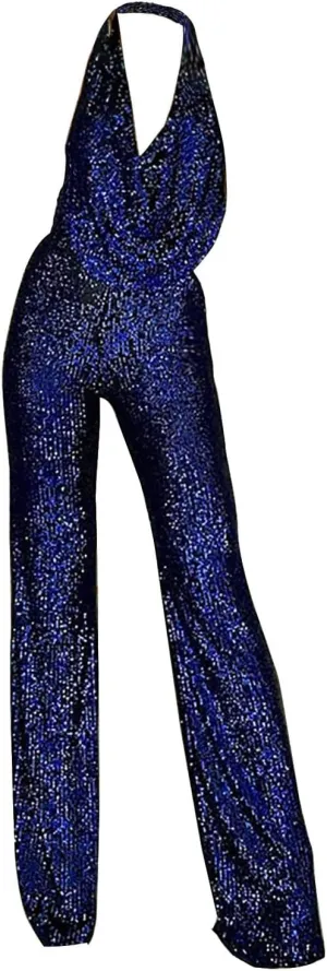 Womens V Neck Sequin Jumpsuit Trendy Evening Party Sleeveless Halter Sparkly Rompers Wedding Glitter Casual Jumpsuits