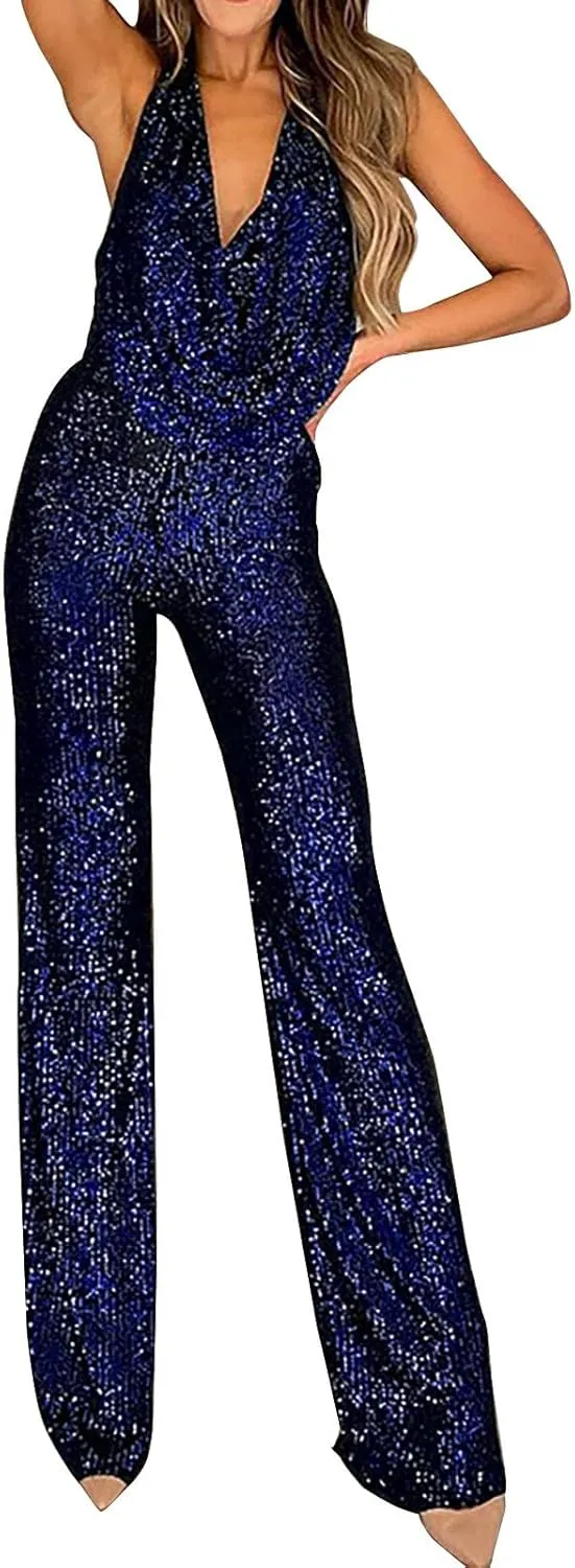 Womens V Neck Sequin Jumpsuit Trendy Evening Party Sleeveless Halter Sparkly Rompers Wedding Glitter Casual Jumpsuits