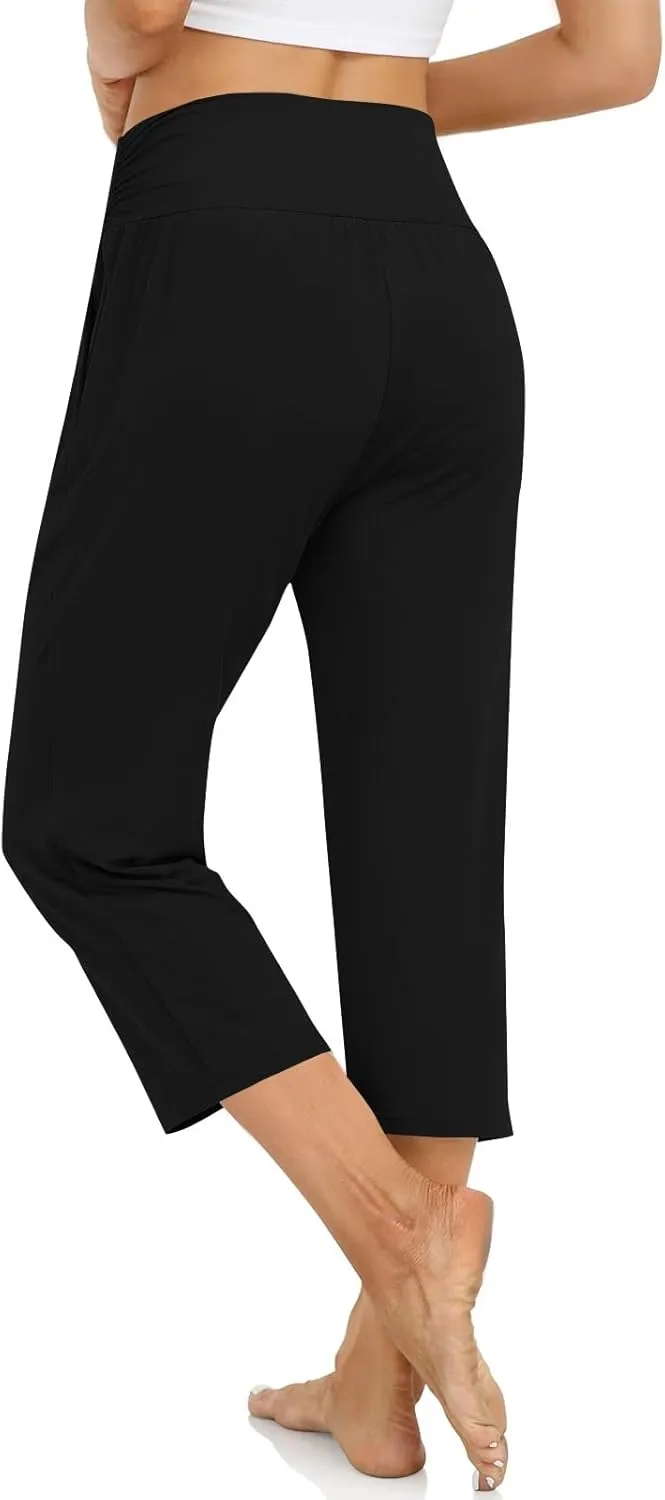 Yoga Capris with Pockets for Women Trendy Loose Fit Elastic High Waisted Capri Pants Comfy Stretch Cropped Pants