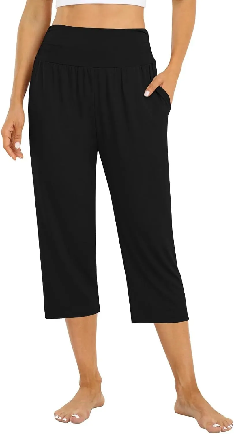 Yoga Capris with Pockets for Women Trendy Loose Fit Elastic High Waisted Capri Pants Comfy Stretch Cropped Pants
