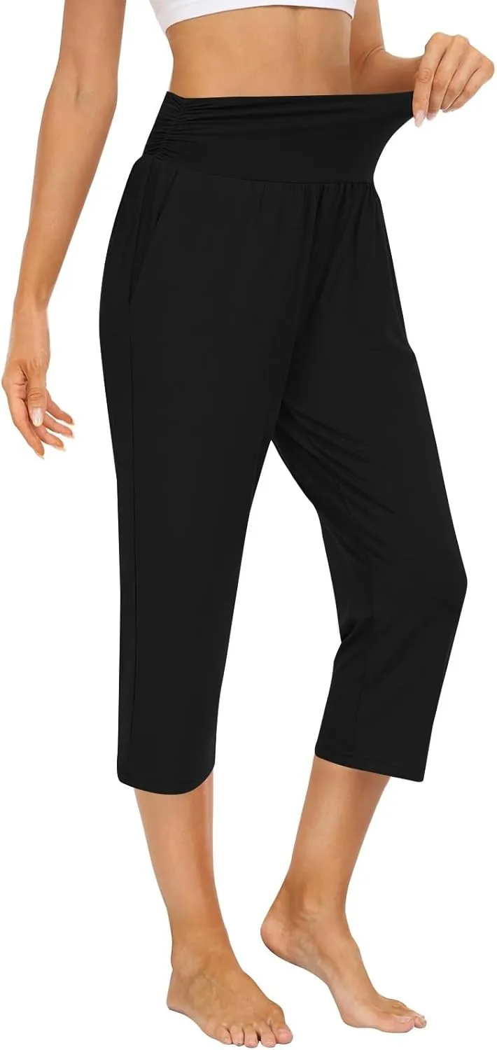 Yoga Capris with Pockets for Women Trendy Loose Fit Elastic High Waisted Capri Pants Comfy Stretch Cropped Pants
