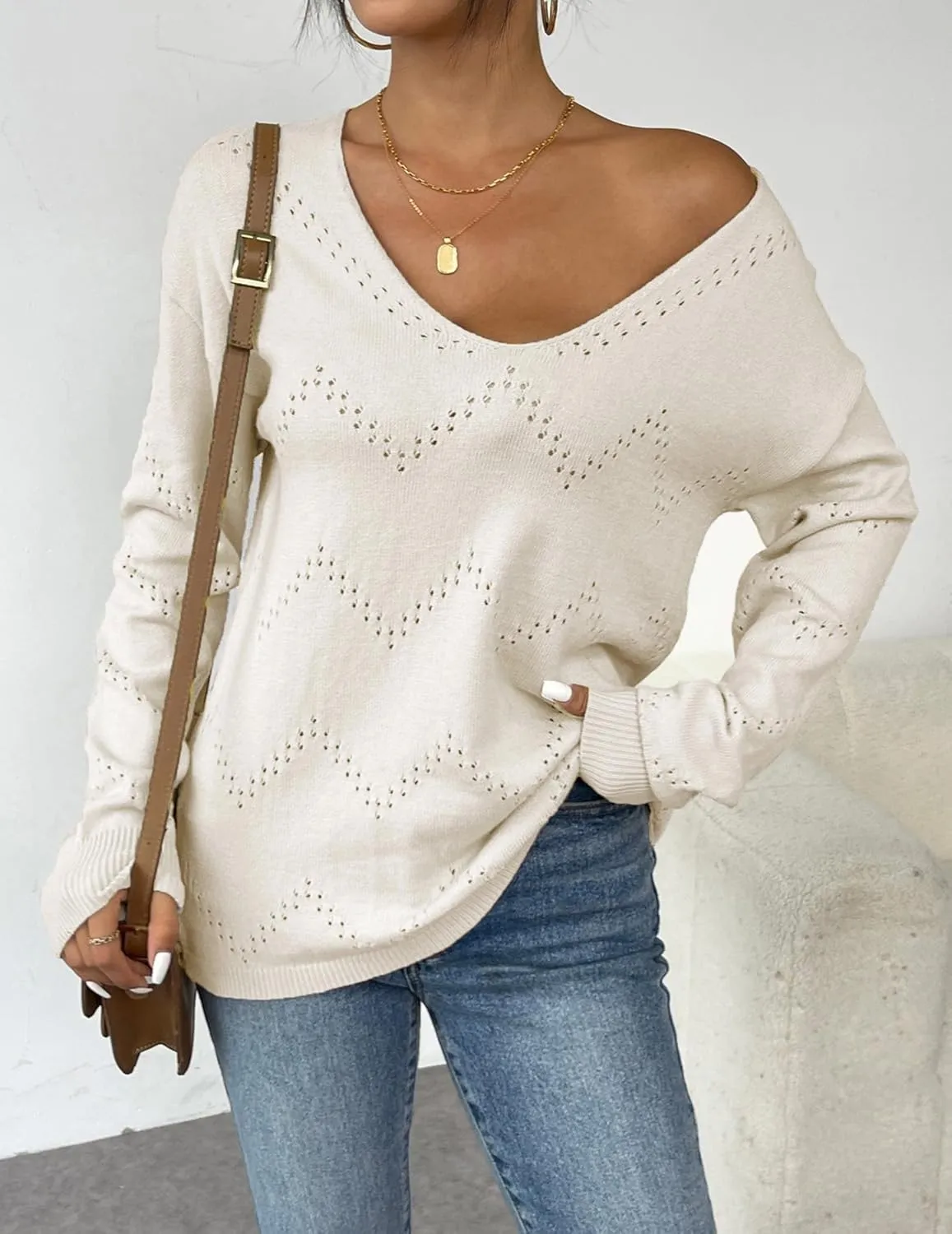 Zeagoo Womens Sweaters Long Sleeve Shirts Off Shoulder Crochet