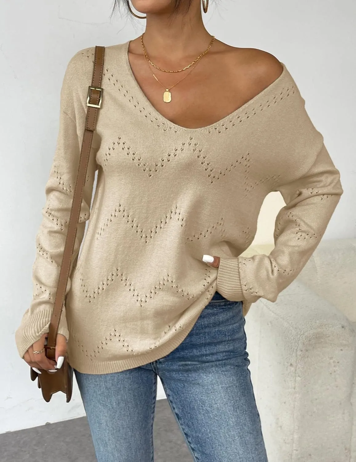 Zeagoo Womens Sweaters Long Sleeve Shirts Off Shoulder Crochet