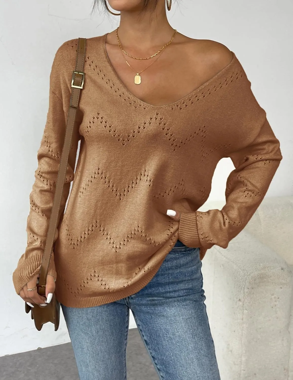 Zeagoo Womens Sweaters Long Sleeve Shirts Off Shoulder Crochet