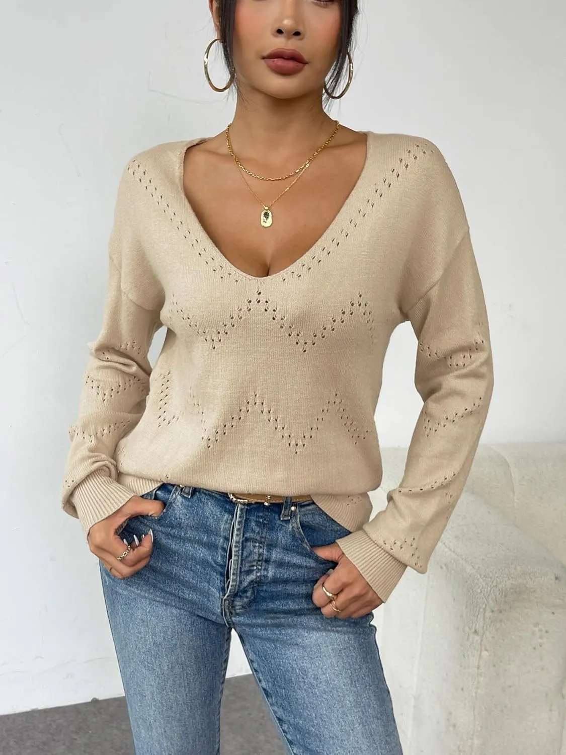 Zeagoo Womens Sweaters Long Sleeve Shirts Off Shoulder Crochet
