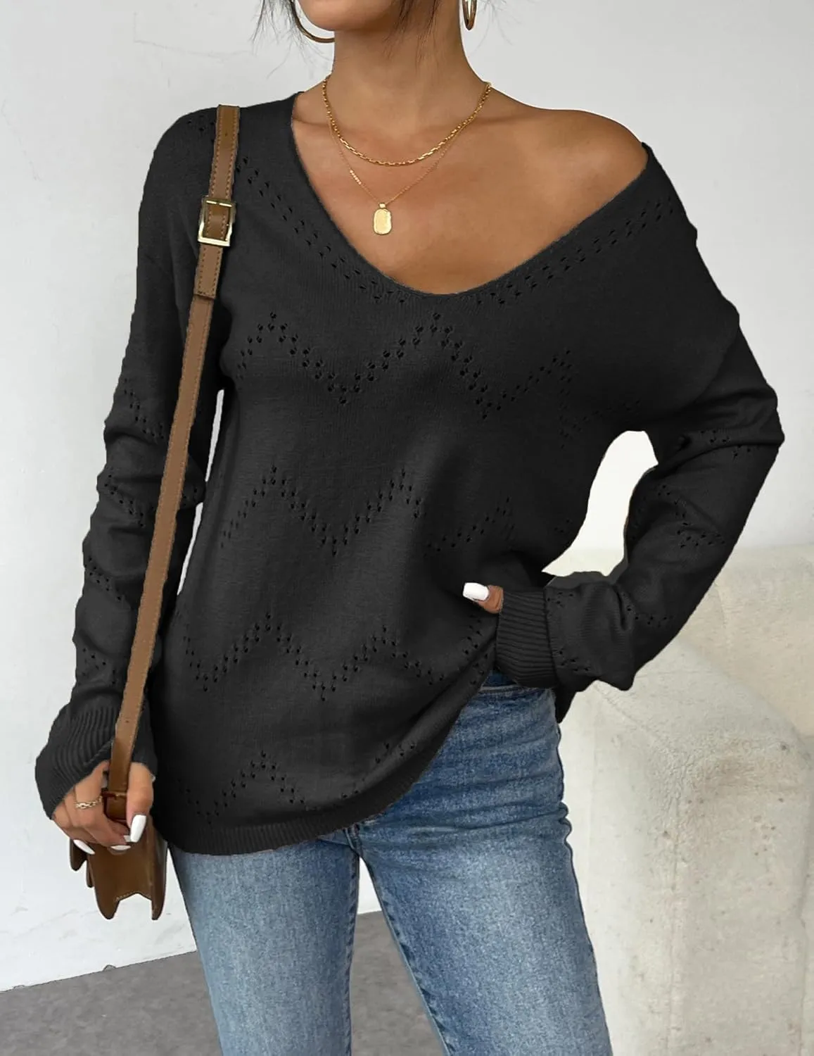 Zeagoo Womens Sweaters Long Sleeve Shirts Off Shoulder Crochet