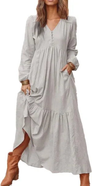 ZOCANIA Cotton Linen Dress for Women V Neck Long Sleeve Maxi Dress Waist Pleated Ruffles Tiered Flowy Long Swing Fall Dresses